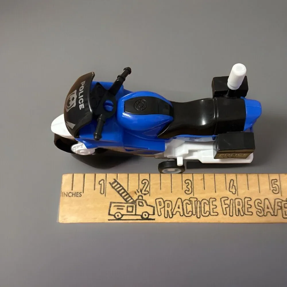 Police Highway Toy Motorcycle Pullback Action Blue White Plastic 4.5 Inches